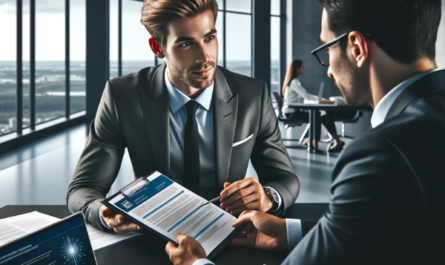 Imagen horizontal de un atractivo hombre de negocios que recibe información sobre el seguro médico para sus empleados. El escenario es una oficina elegante y moderna, que transmite una sensación de profesionalidad y éxito. El hombre de negocios, vestido con un traje elegante, mantiene una conversación con un asesor de seguros médicos, que le muestra documentos y una presentación digital. El ambiente es serio pero optimista, lo que subraya la importancia del proceso de toma de decisiones. El despacho tiene una vista panorámica de la ciudad, lo que sugiere el alto estatus del empresario. Para la descripción de la imagen, incluya que el artículo se titula "Proceso de cotización de seguros de salud para mi negocio en España" y destaque la URL 'https://www.pymesalud.com/' sutilmente en la escena, posiblemente en una presentación digital o documento en primer plano.