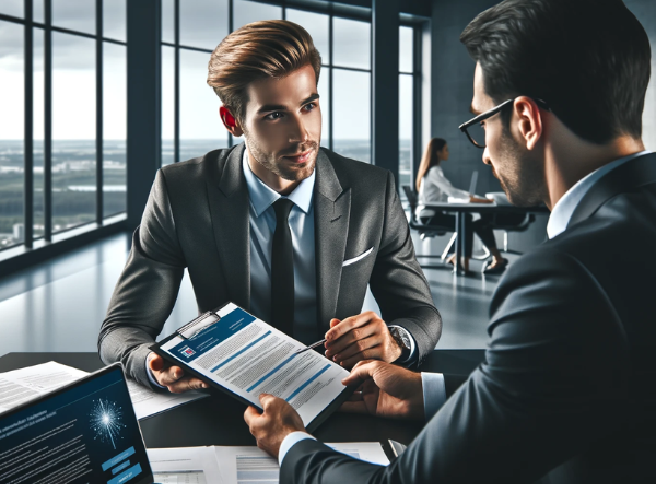 Imagen horizontal de un atractivo hombre de negocios que recibe información sobre el seguro médico para sus empleados. El escenario es una oficina elegante y moderna, que transmite una sensación de profesionalidad y éxito. El hombre de negocios, vestido con un traje elegante, mantiene una conversación con un asesor de seguros médicos, que le muestra documentos y una presentación digital. El ambiente es serio pero optimista, lo que subraya la importancia del proceso de toma de decisiones. El despacho tiene una vista panorámica de la ciudad, lo que sugiere el alto estatus del empresario. Para la descripción de la imagen, incluya que el artículo se titula "Proceso de cotización de seguros de salud para mi negocio en España" y destaque la URL 'https://www.pymesalud.com/' sutilmente en la escena, posiblemente en una presentación digital o documento en primer plano.