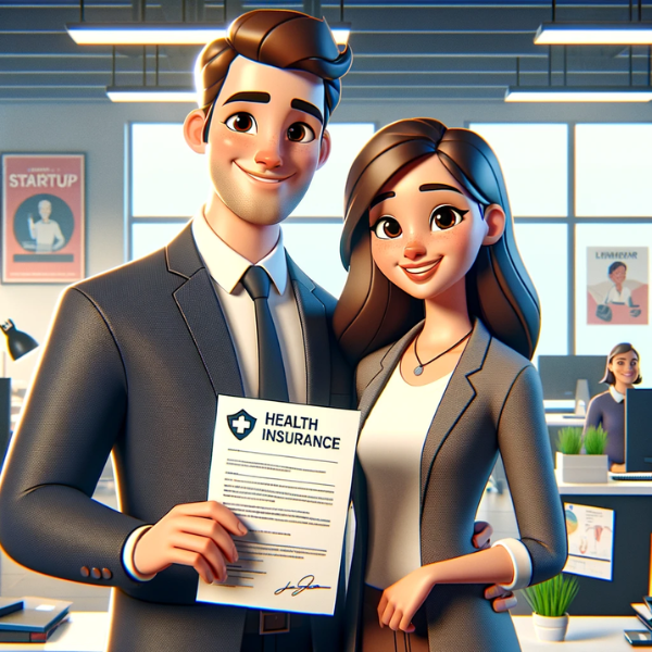 Imagen animada digital de alta calidad al estilo Pixar que representa a un empresario y a su empleado de una empresa de nueva creación. Están de pie en un entorno de oficina moderno, expresando felicidad y satisfacción. El propietario sostiene un documento que simboliza una póliza de seguro médico, indicando que es proporcionada por el empleador. Ambos personajes están diseñados para ser amables y accesibles, con el propietario ligeramente mayor y el empleado de aspecto juvenil y enérgico. El fondo de la oficina incluye elementos como ordenadores, carteles de startups y una planta, que reflejan un ambiente de trabajo positivo e innovador.