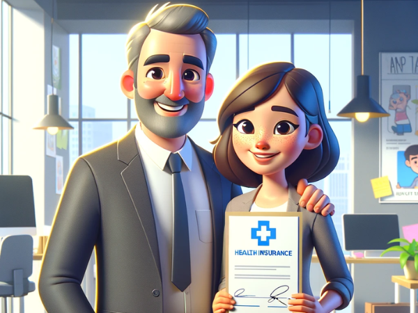 Imagen animada digital de alta calidad al estilo Pixar que representa a un empresario y a su empleado de una empresa de nueva creación. Están de pie en un entorno de oficina moderno, expresando felicidad y satisfacción. El propietario sostiene un documento que simboliza una póliza de seguro médico, indicando que es proporcionada por el empleador. Ambos personajes están diseñados para ser amables y accesibles, con el propietario ligeramente mayor y el empleado de aspecto juvenil y enérgico. El fondo de la oficina incluye elementos como ordenadores, carteles de startups y una planta, que reflejan un ambiente de trabajo positivo e innovador.