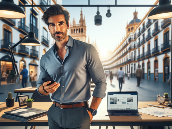 Un empresario profesional, de entre 35 y 45 años, de pie en su moderna oficina en Sevilla, España. Es atractivo, con un peinado cuidado y un atuendo elegante e informal. Tiene un teléfono inteligente en una mano y una computadora portátil abierta en un escritorio cercano. El fondo muestra un entorno bullicioso de pequeñas empresas, que refleja la energía vibrante de una PYME exitosa. La imagen debe evocar una sensación de productividad y profesionalidad, adecuada para un entorno empresarial en España. La descripción en español menciona la URL del sitio web: https://www.pymesalud.com/