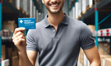 Un empleado, hombre o mujer, sonriendo y sosteniendo una tarjeta de seguro médico en la mano. El empleado viste ropa de trabajo informal adecuada a un almacén logístico, como un polo y unos vaqueros. El fondo muestra un almacén logístico con estanterías, cajas y otros equipos de almacén. El empleado parece feliz y satisfecho, lo que indica claramente que está satisfecho con el seguro médico proporcionado por su empresa. https://www.pymesalud.com/