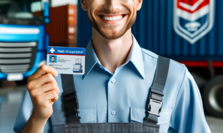 Un empleado satisfecho de una empresa de transporte de mercancías sonriendo mientras sostiene una tarjeta de seguro médico. El empleado viste un uniforme típico del sector del transporte, con el logo de la empresa en la camiseta. El fondo muestra elementos relacionados con el transporte de mercancías, como contenedores, camiones o un almacén. La felicidad de los empleados se hace evidente a través de su amplia sonrisa y están de pie con confianza, mostrando la tarjeta del seguro médico en un lugar destacado en una mano. https://www.pymesalud.com/