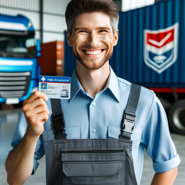 Un empleado satisfecho de una empresa de transporte de mercancías sonriendo mientras sostiene una tarjeta de seguro médico. El empleado viste un uniforme típico del sector del transporte, con el logo de la empresa en la camiseta. El fondo muestra elementos relacionados con el transporte de mercancías, como contenedores, camiones o un almacén. La felicidad de los empleados se hace evidente a través de su amplia sonrisa y están de pie con confianza, mostrando la tarjeta del seguro médico en un lugar destacado en una mano. https://www.pymesalud.com/