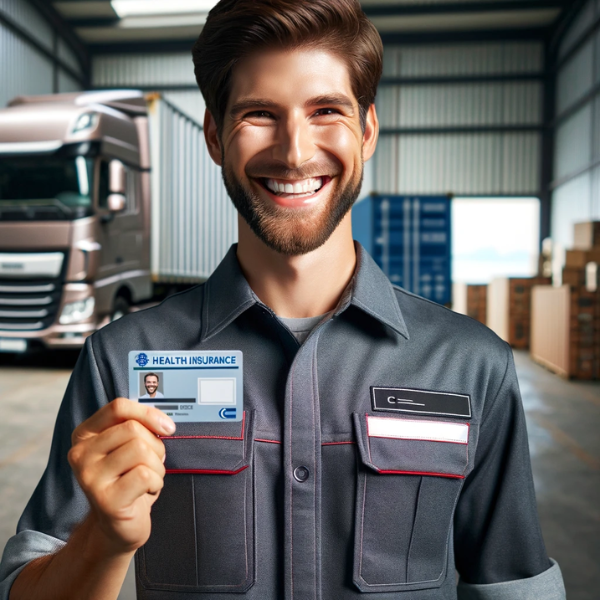 Un empleado satisfecho de una empresa de transporte de mercancías sonriendo mientras sostiene una tarjeta de seguro médico. El empleado viste un uniforme típico del sector del transporte, con el logo de la empresa en la camiseta. El fondo muestra elementos relacionados con el transporte de mercancías, como contenedores, camiones o un almacén. La felicidad de los empleados se hace evidente a través de su amplia sonrisa y están de pie con confianza, mostrando la tarjeta del seguro médico en un lugar destacado en una mano. https://www.pymesalud.com/