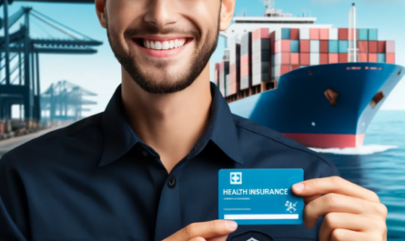 Un empleado feliz de una empresa de transporte marítimo, sonriendo y sosteniendo una tarjeta de seguro médico. El empleado viste el uniforme típico de los operadores de transporte marítimo, que incluye una camisa azul marino con el logo de la empresa y una gorra a juego. El fondo muestra elementos relacionados con el transporte marítimo, como un carguero, contenedores y el mar, enfatizando el entorno marítimo. La satisfacción de los empleados es evidente por su amplia sonrisa y la forma orgullosa en que muestran la tarjeta del seguro. https://www.pymesalud.com/