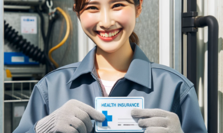 Una empleada satisfecha sonriendo y sosteniendo una tarjeta de seguro médico en la mano. Viste un uniforme adecuado para una empresa de servicios de almacenamiento en frío, que incluye una chaqueta y posiblemente guantes. El fondo muestra elementos relacionados con el almacenamiento en frío, como grandes unidades frigoríficas o contenedores de almacenamiento, enfatizando el ambiente frío. La felicidad de la empleada es evidente cuando muestra su agradecimiento por el regalo de seguro médico de su empresa. https://www.pymesalud.com/