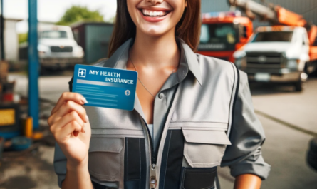 Una empleada satisfecha de una empresa de servicios de remolque y grúa, sonriendo y sosteniendo una tarjeta de seguro médico en la mano. Viste un uniforme típico para ese tipo de trabajo, que incluye el logotipo de la empresa en la camisa, pantalones de trabajo y posiblemente un chaleco o gorro de seguridad. El fondo muestra el entorno de trabajo, como un garaje o un solar con grúas y grúas. Su expresión y lenguaje corporal transmiten felicidad y gratitud por recibir el beneficio del seguro médico de su empleador. https://www.pymesalud.com/