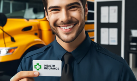 Un empleado feliz que trabaja para una empresa de servicios de transporte escolar, sonriendo y sosteniendo una tarjeta de seguro médico. El empleado viste uniforme y lleva el logo de la empresa en la camisa. Al fondo se ve un autobús escolar y la oficina de la empresa, indicando su lugar de trabajo. El empleado parece contento y orgulloso del beneficio del seguro médico proporcionado por su empleador. https://www.pymesalud.com/