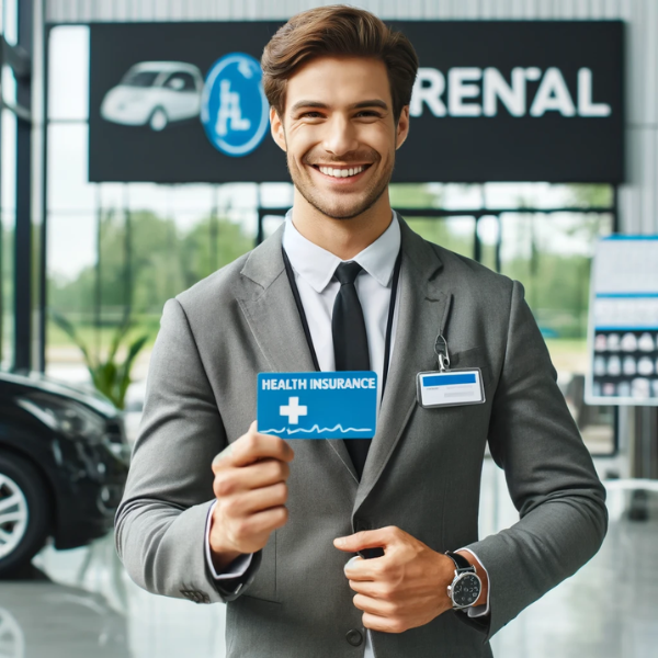 Un empleado, ya sea hombre o mujer, de pie y sonriendo felizmente, sosteniendo una tarjeta de seguro médico en la mano. Están vestidos con ropa profesional, adecuada para una empresa de alquiler de coches, y el fondo muestra elementos como logotipos de alquiler de coches, carteles o coches. El entorno es una oficina moderna con un ambiente acogedor, que transmite la satisfacción de recibir un beneficio de seguro médico por parte de su empleador. https://www.pymesalud.com/