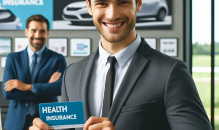 Un empleado, ya sea hombre o mujer, de pie y sonriendo felizmente, sosteniendo una tarjeta de seguro médico en la mano. Están vestidos con ropa profesional, adecuada para una empresa de alquiler de coches, y el fondo muestra elementos como logotipos de alquiler de coches, carteles o coches. El entorno es una oficina moderna con un ambiente acogedor, que transmite la satisfacción de recibir un beneficio de seguro médico por parte de su empleador. https://www.pymesalud.com/