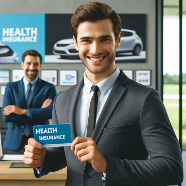 Un empleado, ya sea hombre o mujer, de pie y sonriendo felizmente, sosteniendo una tarjeta de seguro médico en la mano. Están vestidos con ropa profesional, adecuada para una empresa de alquiler de coches, y el fondo muestra elementos como logotipos de alquiler de coches, carteles o coches. El entorno es una oficina moderna con un ambiente acogedor, que transmite la satisfacción de recibir un beneficio de seguro médico por parte de su empleador. https://www.pymesalud.com/