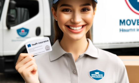 Una empleada satisfecha que trabaja en una empresa de mudanzas, sonriendo y sosteniendo una tarjeta de seguro médico en la mano. Viste un uniforme de la empresa que consta de una camisa azul con el logo de la empresa de mudanzas y unos vaqueros. El fondo muestra un camión de mudanzas con cajas y equipos, lo que indica el entorno de la empresa de mudanzas. La empleada parece feliz y contenta con su nuevo beneficio de seguro médico. https://www.pymesalud.com/