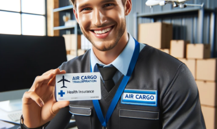 Un empleado satisfecho de una empresa de transporte aéreo de carga, sonriendo y sosteniendo una tarjeta de seguro médico. El empleado viste el uniforme típico del personal de carga aérea, con una placa y el logotipo de la empresa visibles. El fondo muestra un ambiente de oficina con elementos relacionados con la carga aérea, como cajas de envío, modelos de aviones y equipos logísticos. https://www.pymesalud.com/