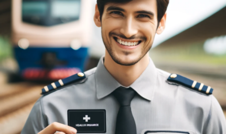 Un empleado feliz de una empresa de transporte ferroviario, sonriendo y sosteniendo una tarjeta de seguro médico. El empleado viste un uniforme de la empresa ferroviaria, que incluye camisa con el logo de la empresa, corbata y gorra. El fondo muestra una estación de tren o vías de tren, enfatizando el contexto ferroviario. El empleado parece contento y orgulloso, claramente satisfecho con el regalo del seguro médico de la empresa. https://www.pymesalud.com/